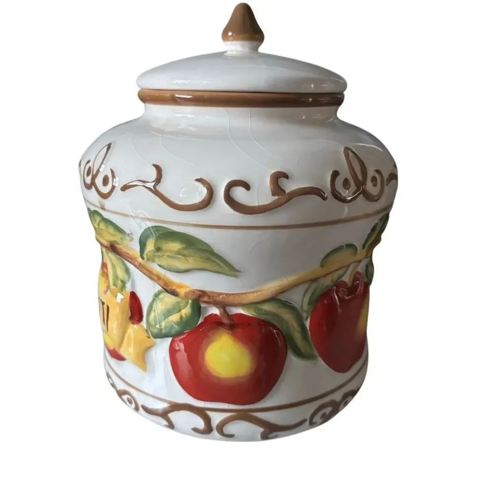 Vintage Handmade For Nonni’s Colorful Apple Design Ceramic Biscotti Jar *Read*